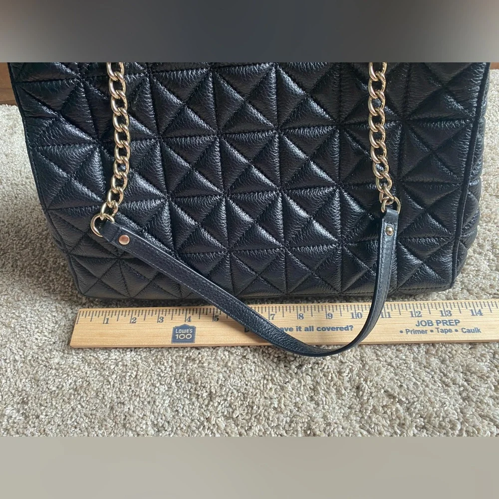 Kate Spade New York Natalia Tote Leather Handbag Black Quilted Silver Chain